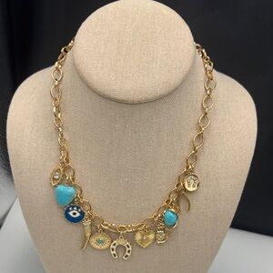 Gold Charm Necklace with Turquoise Accents - Women Jewelry
